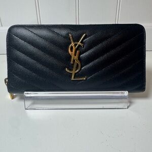 YSL Yves Saint Laurent Monogram Matelasse Leather Black Zip Long Wallet COA